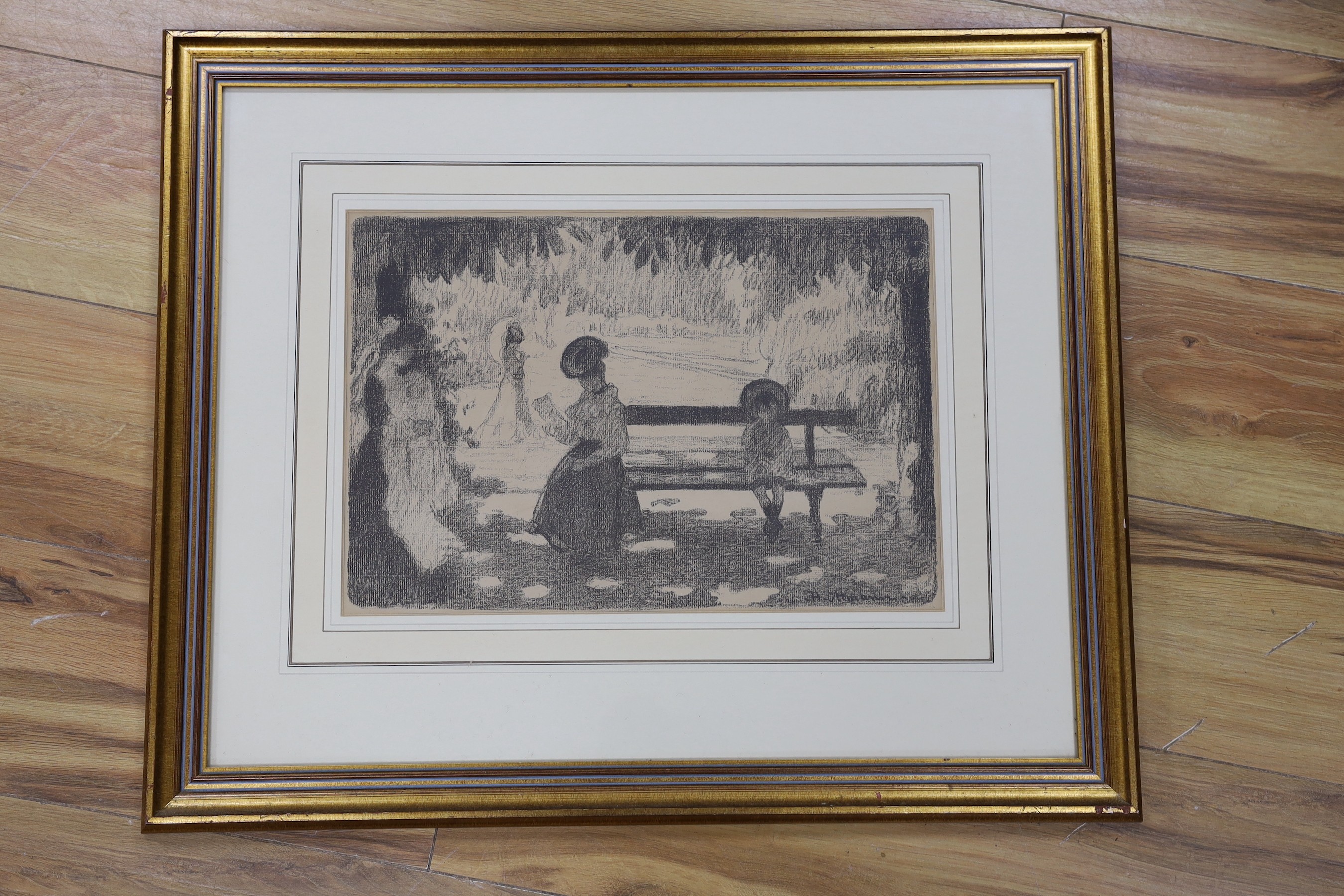 Henri Ottmann (French, 1877-1927), lithograph, Mother and child seated on a park bench, signed in the plate, 26 x 38cm